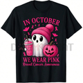 "In October We Wear Pink Breast" Cancer Awareness Tee – Cute Ghost & Pumpkin Graphic Print Shirt, Unisex Halloween Tops