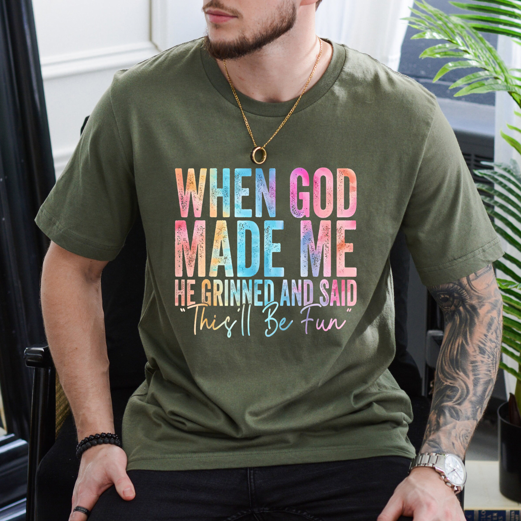 When God Made Me He Grinned T-Shirt – Funny Sarcastic Quote Tee