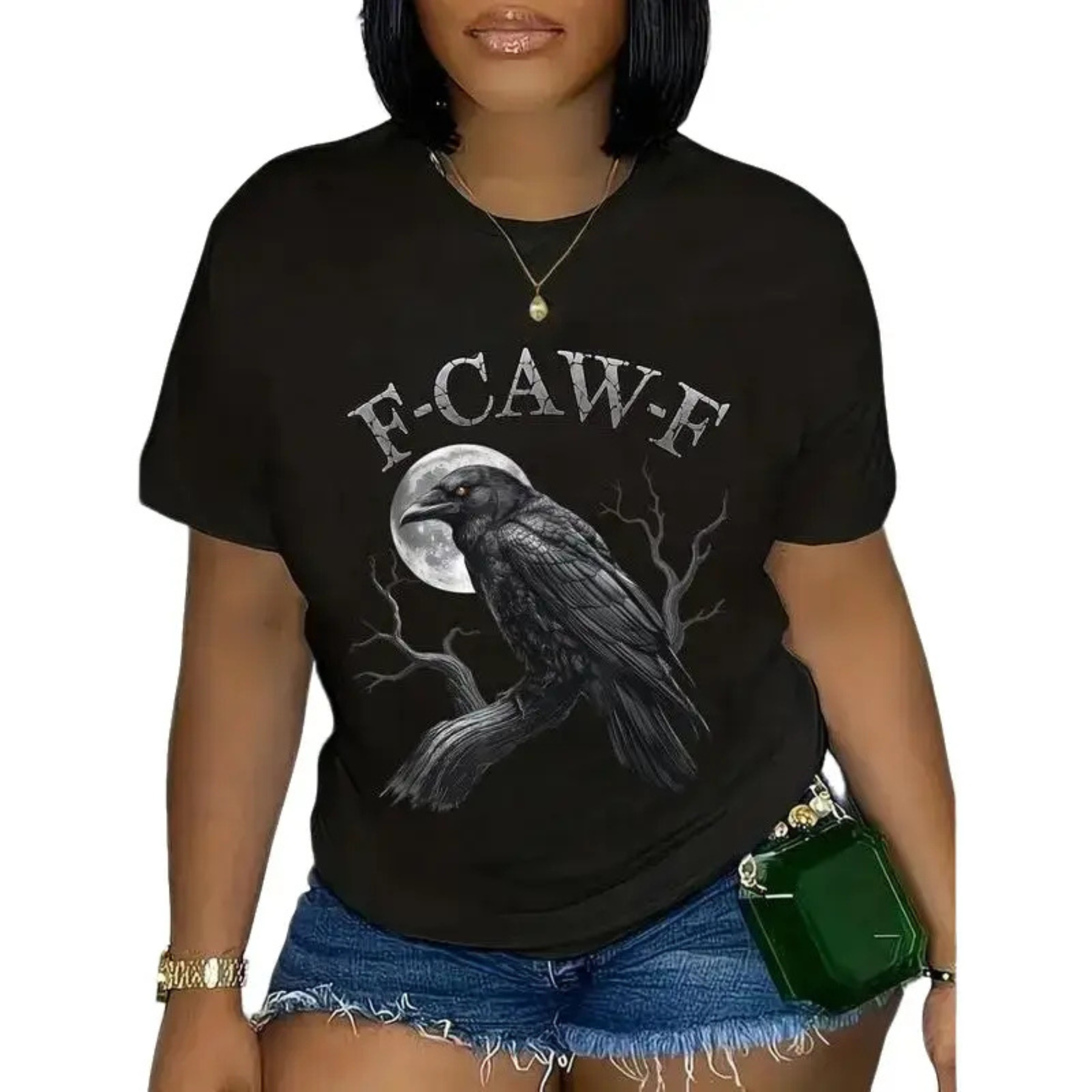 Funny "F-CAW-F" Crow T-Shirt – Black Bird Moon, Gothic Adult Humor, Vintage Streetwear, Women's Graphic Tee