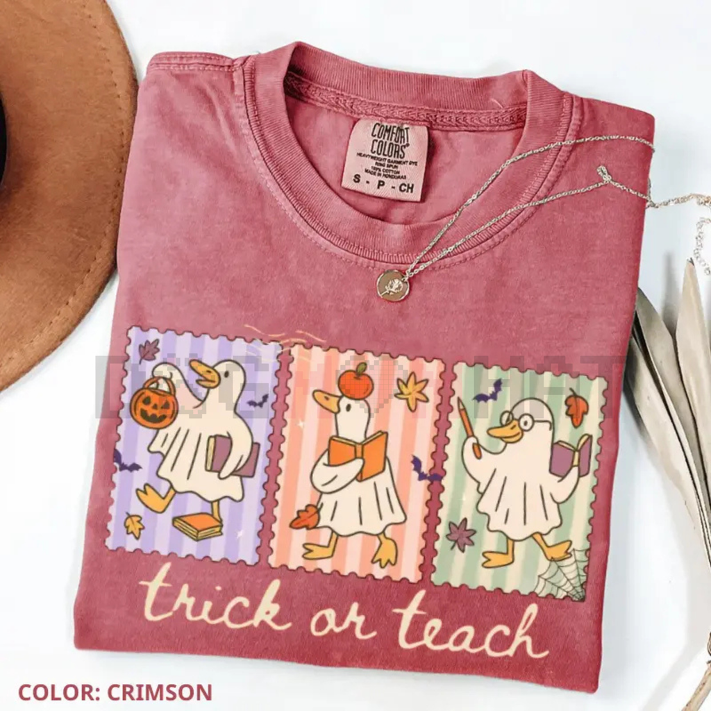 Funny Teacher Goose Halloween Comfort Colors Shirt – "Trick or Teach" Cute Ghost Tee, Elementary Teacher Humor Gift, Unisex