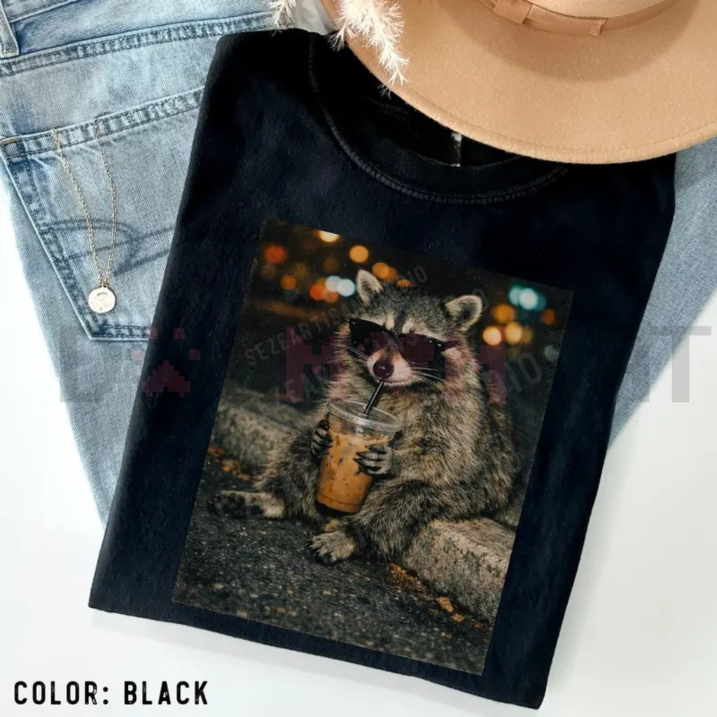 Raccoon Drinking Iced Coffee Vintage Tee