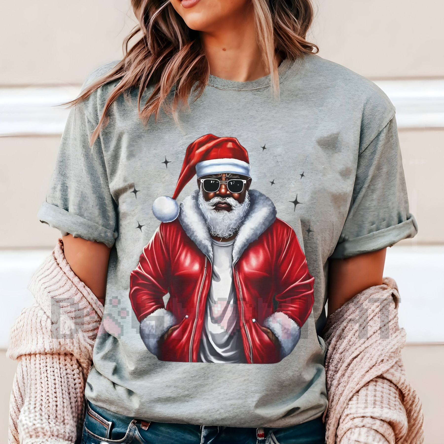 African American Santa Christmas Pajama-Style T-shirt