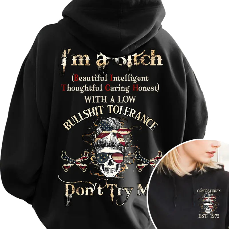 Custom Year Gen X Skull Hoodie – Two-Sided "Don't Try Me" FAFO, Raised on Hose Water & Neglect
