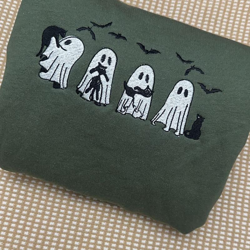 Cute Ghosts & Black Cats Embroidered Sweatshirt – Spooky Season Halloween Crewneck for Cat Lovers