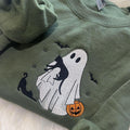 Embroidered Halloween Ghosts & Cats Sweatshirt – Cozy Fall Crewneck for Spooky Season Style