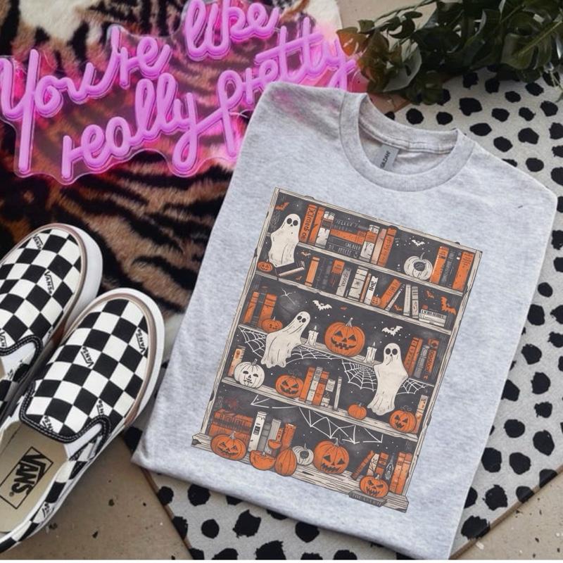 Ghost Bookcase T-Shirt – Bleached Ash Grey Gildan Tee, Unisex Spooky Library Aesthetic Shirt for Book Lovers