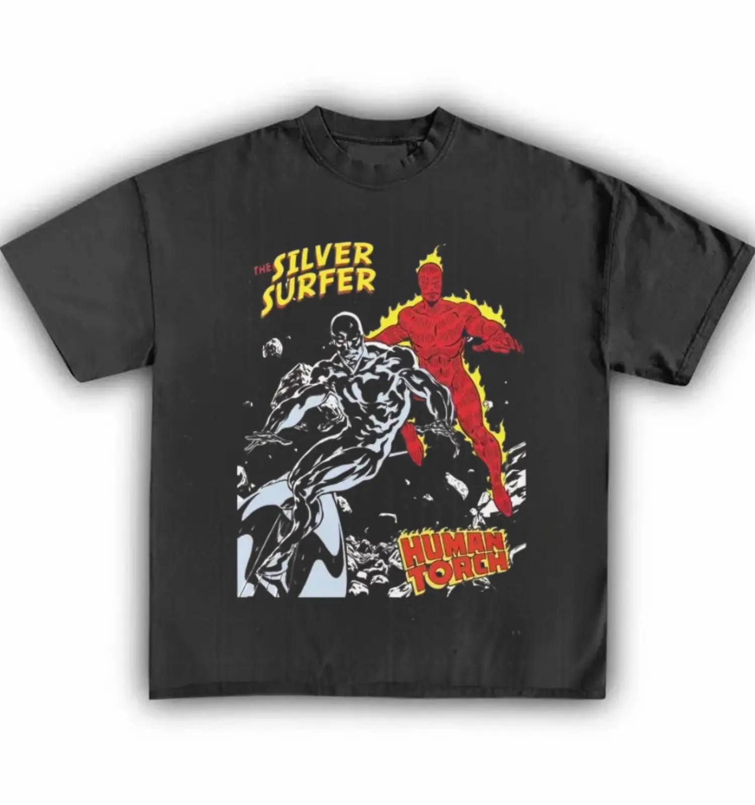 Hero Showdown Graphic T-Shirt – Cosmic vs Fire Comic-Inspired Tee, Unisex Casual Cotton Top for Fans