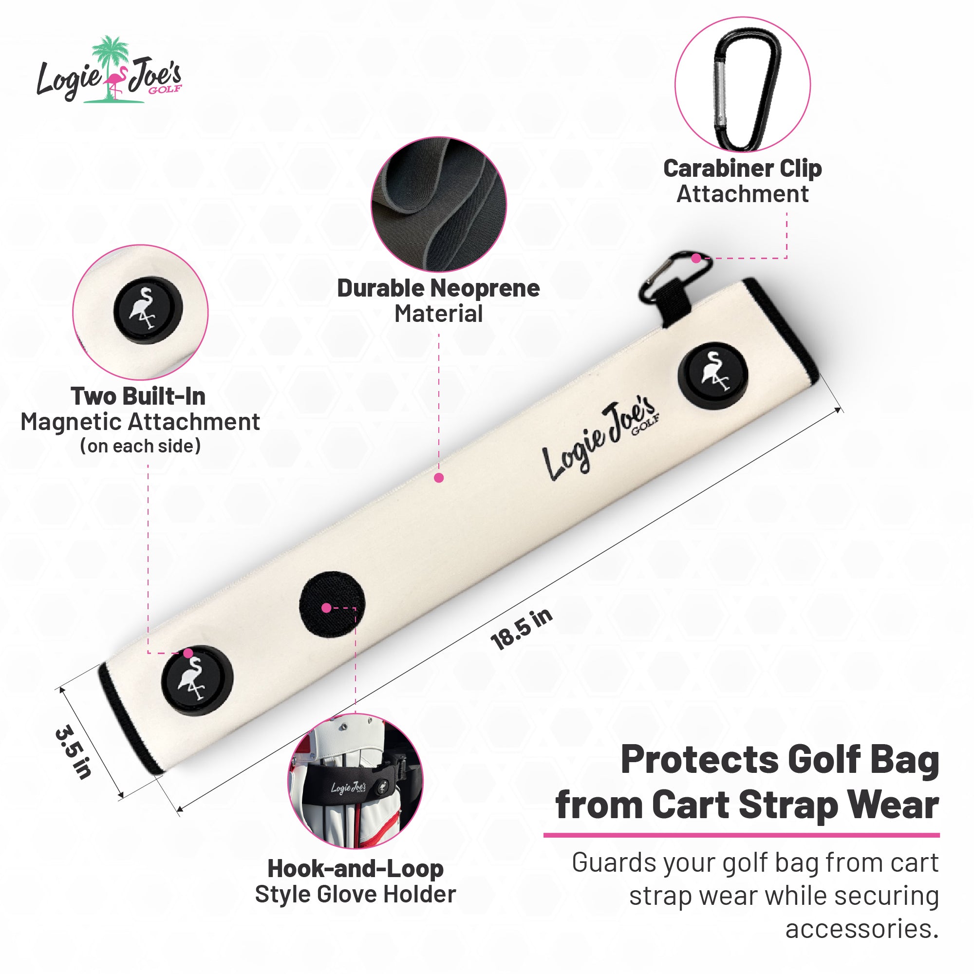 Black/Pink Magnetic Golf Cart Strap Sleeve | Neoprene Rubber | Dual Accessory Magnets | Glove Holder | Carabiner Bag Attachment | 18.5 x 3.5 in