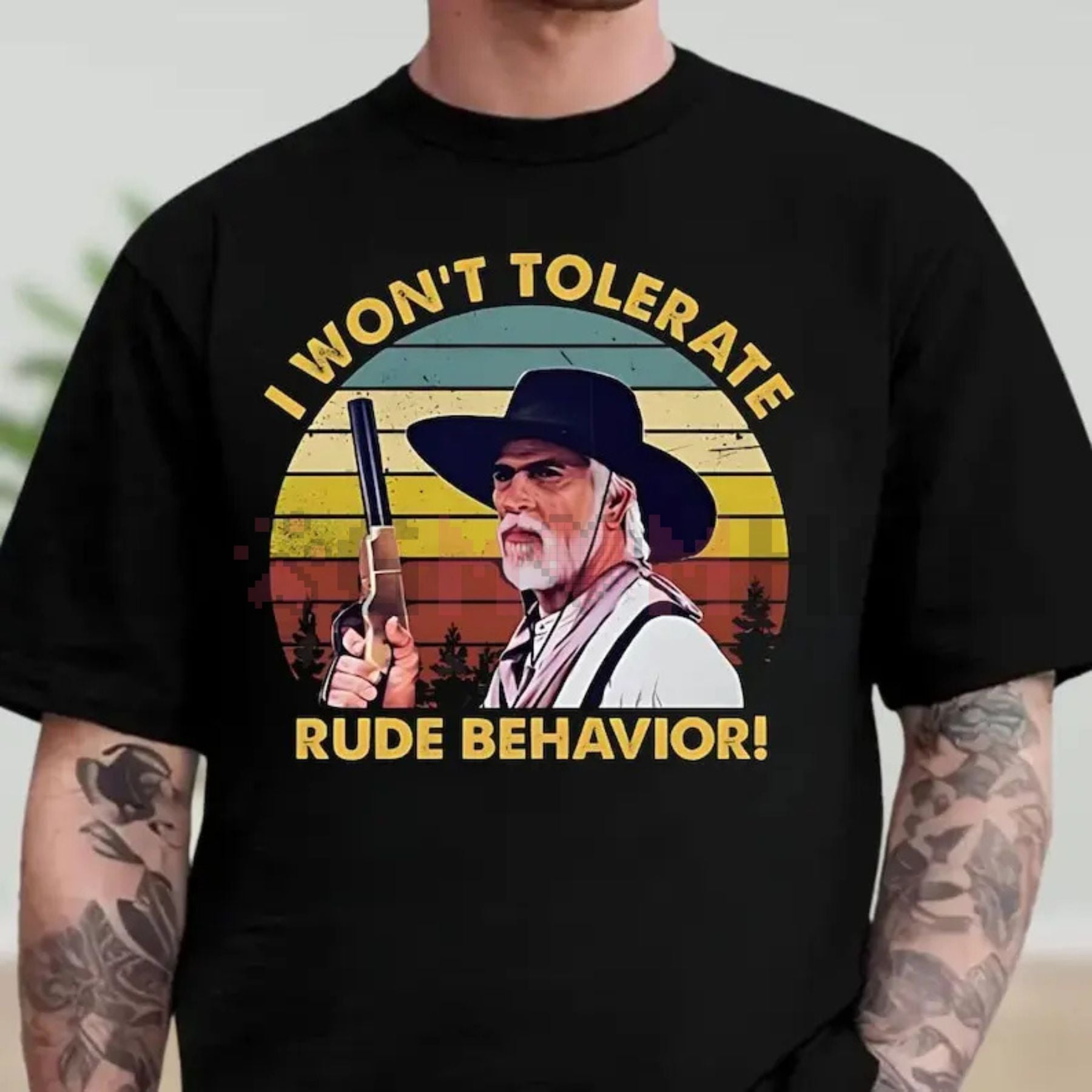 "I Won’t Tolerate Rude Behavior" Cowboy Shirt – Witty Western Outlaw Graphic Tee