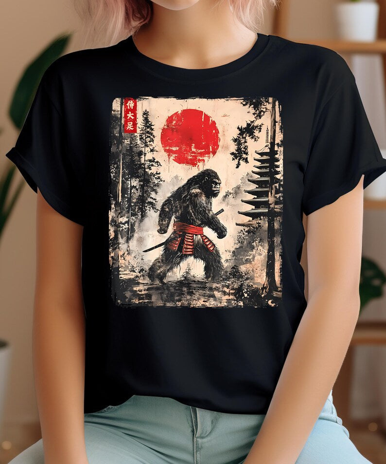 Samurai Bigfoot T-Shirt – Funny Japanese Ukiyo-e Graphic Tee, Vintage-Style Short Sleeve Shirt for Men & Women
