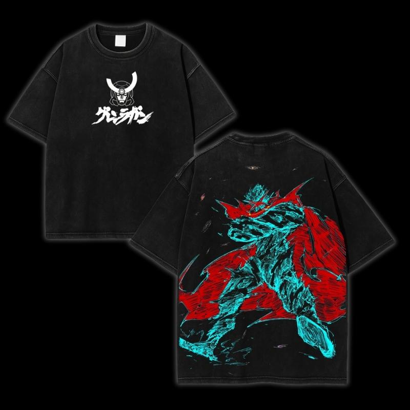 Spiral Overdrive Protocol T-Shirt – Acid Washed Oversized Mecha Streetwear Tee with Crimson Skull Crest & Back Graphic