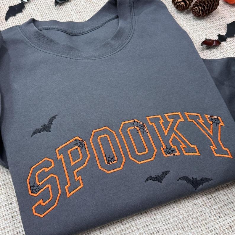 Spooky Embroidered Halloween Sweatshirt – Fall Ghost Pullover, Cozy Autumn Crewneck for Spooky Season