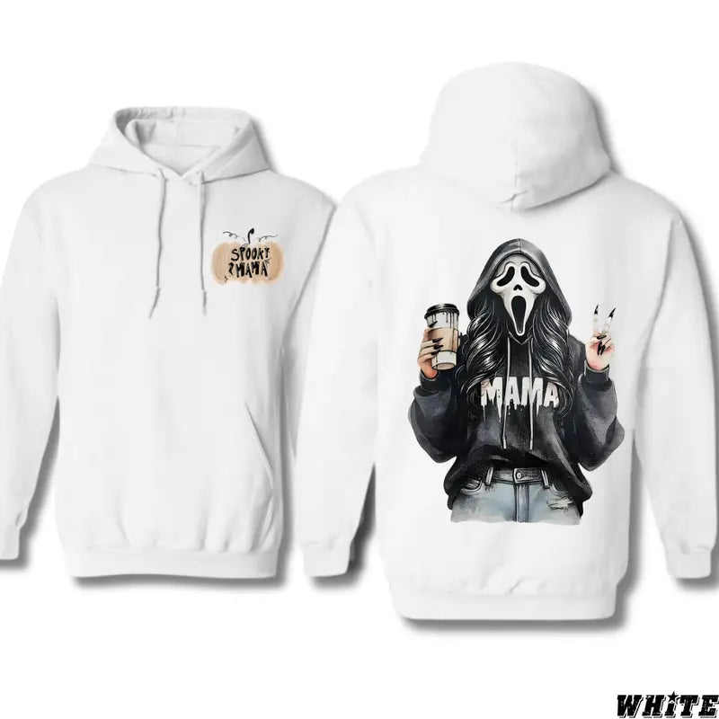 Spooky Mama Halloween Hoodie – Ghost Face Girl Drinking Coffee